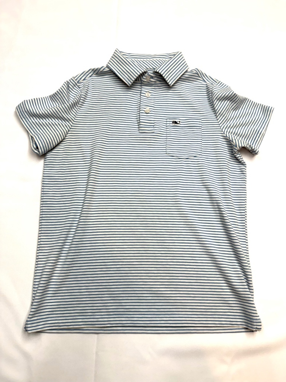 VINEYARD VINES Boys Medium 12-14 White Blue Stripe Short Sleeve Polo Shirt E13
